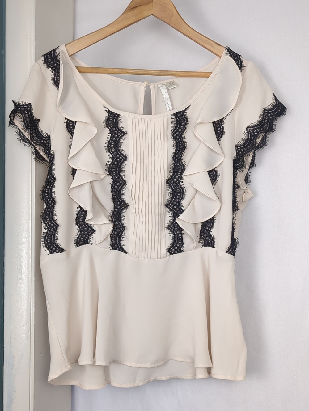 LC Lauren Conrad Cream Peplum Blouse with Black Lace Ruffles